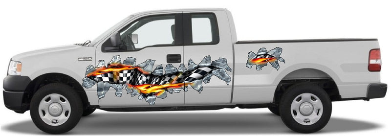 Checker flag vinyl graphics on white truck f150